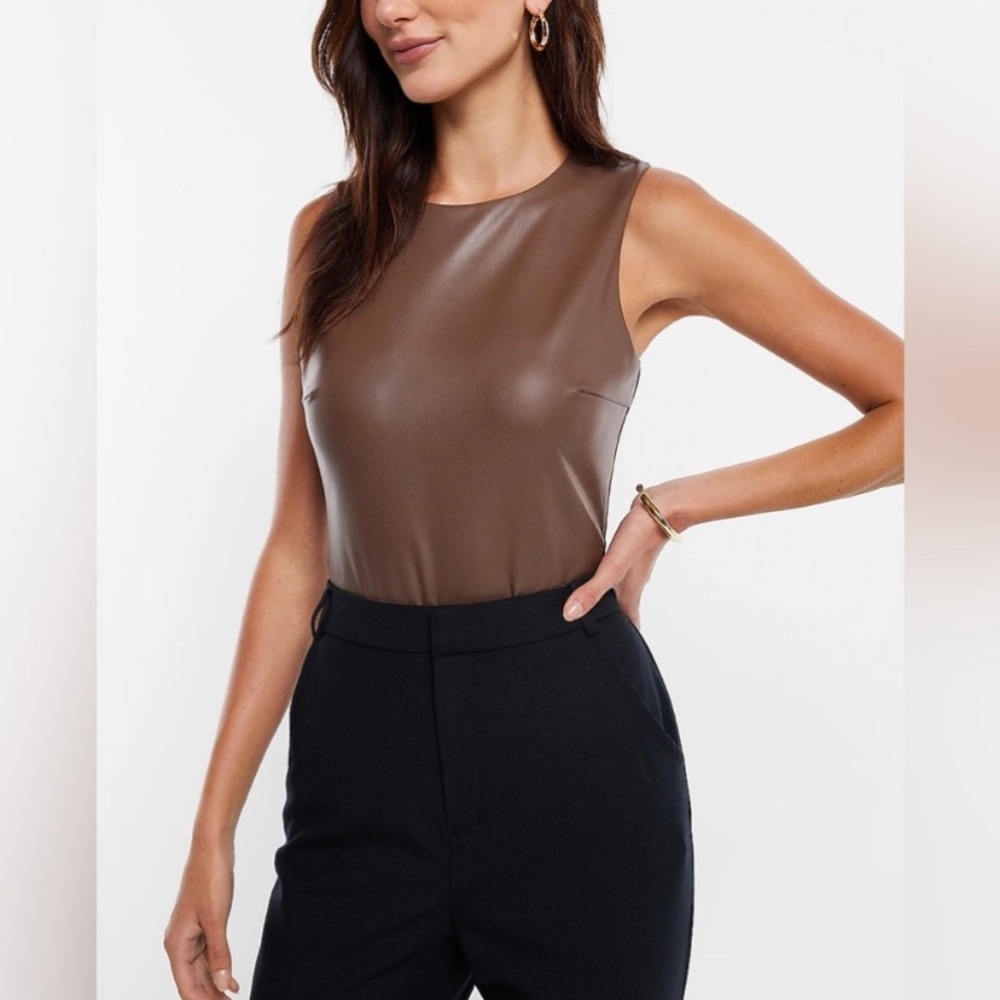 Express Body Contour Faux Leather High Neck Thong Bodysuit.